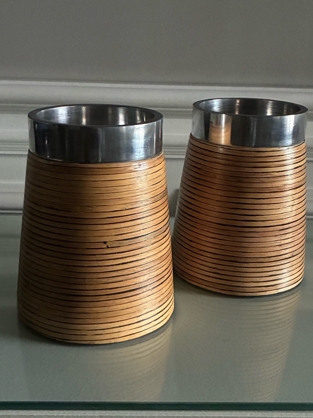 Vintage Bombay Co Stranded Bamboo and Silver Candle Holders